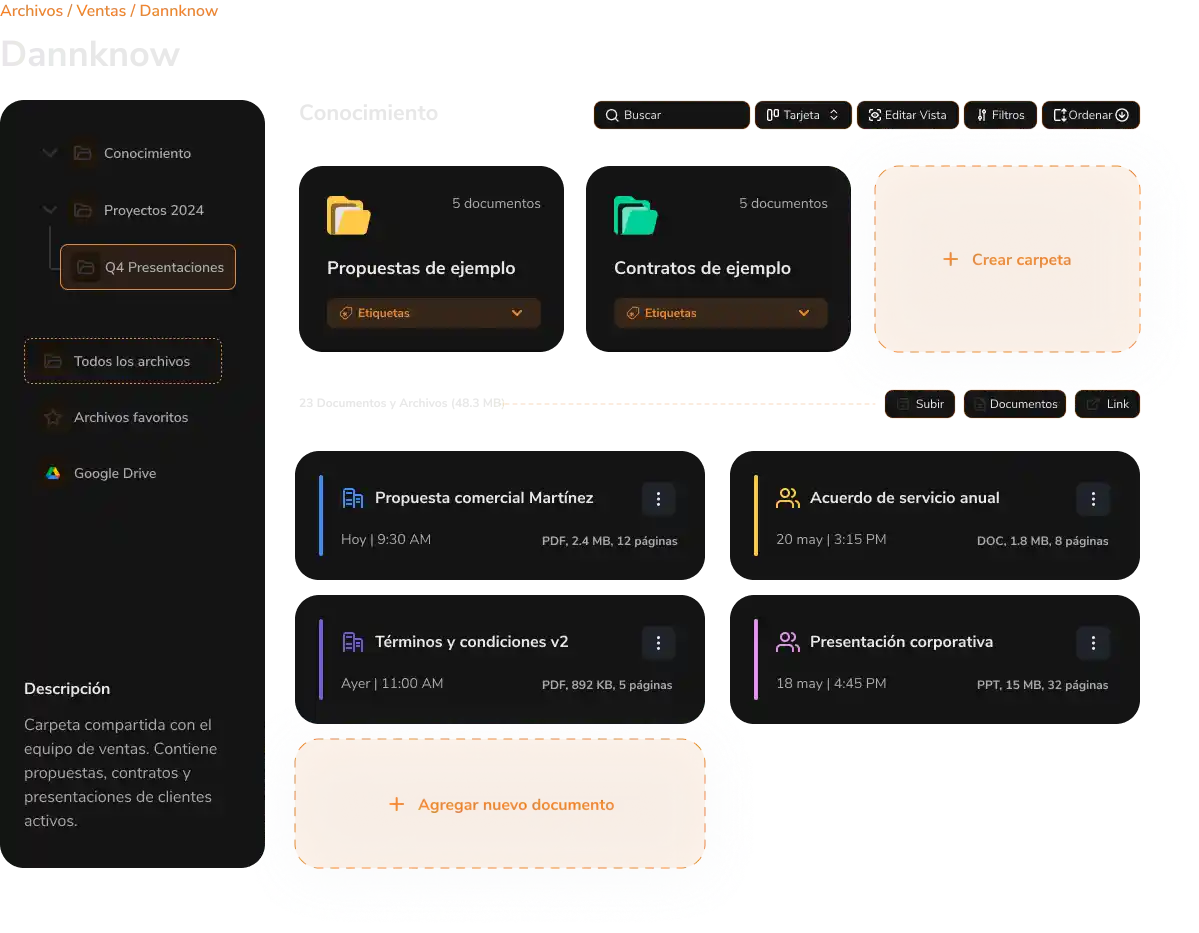 Vista de DannKnow, base de conocimiento empresarial de DannBox